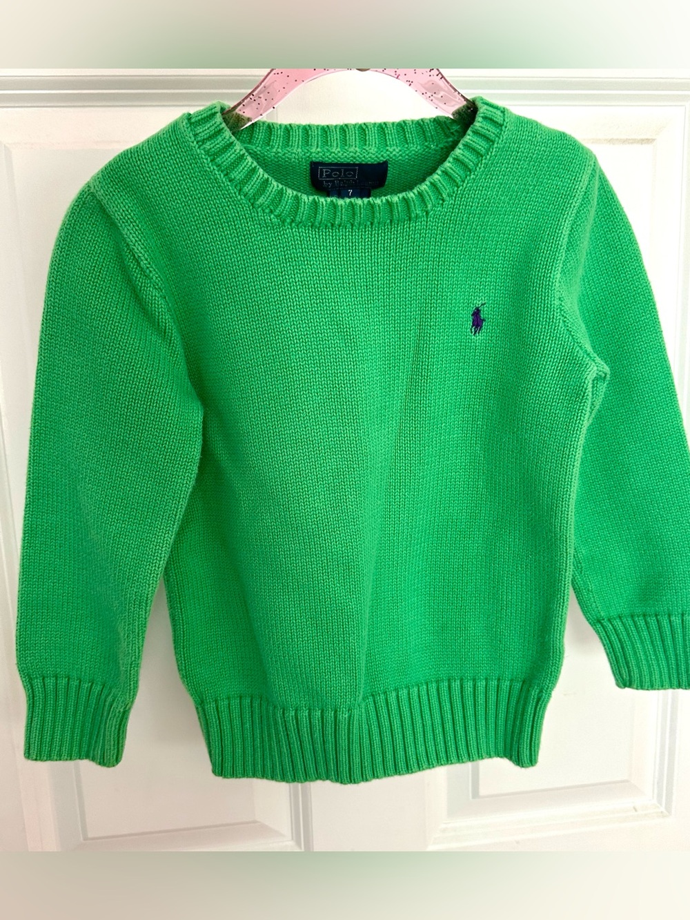 Polo Ralph Lauren Boys Size 7 Green Knit Cotton Crewneck Sweater Purple Pony